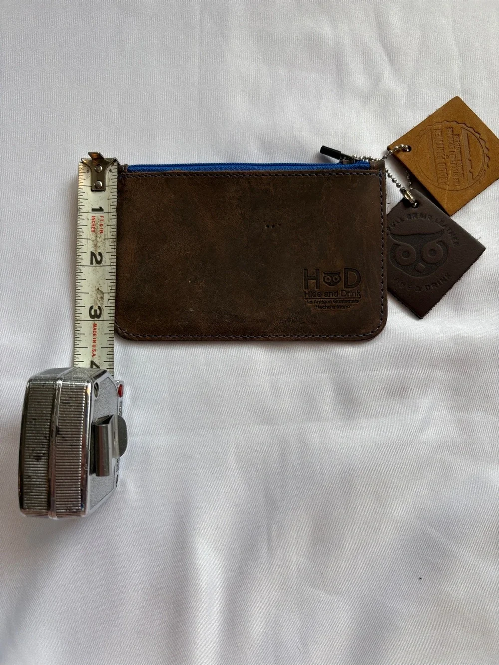 Brown Leather Zip Wallet with Blue Zipper